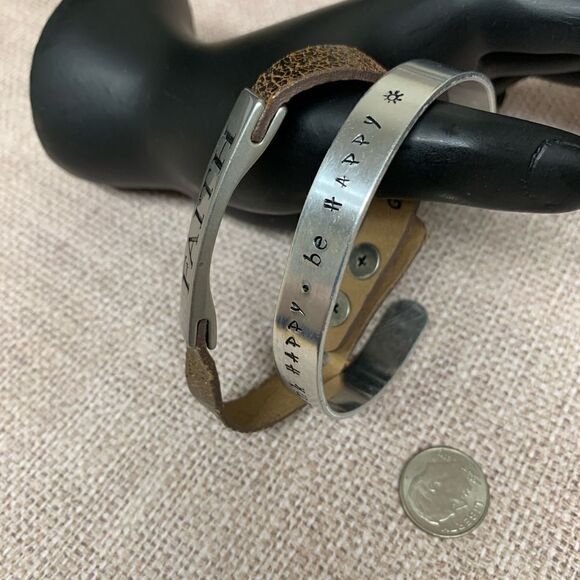 Good Works Faith Vegan Leather and Silver Be Happy Affirmation Bracelets - Picture 2 of 4